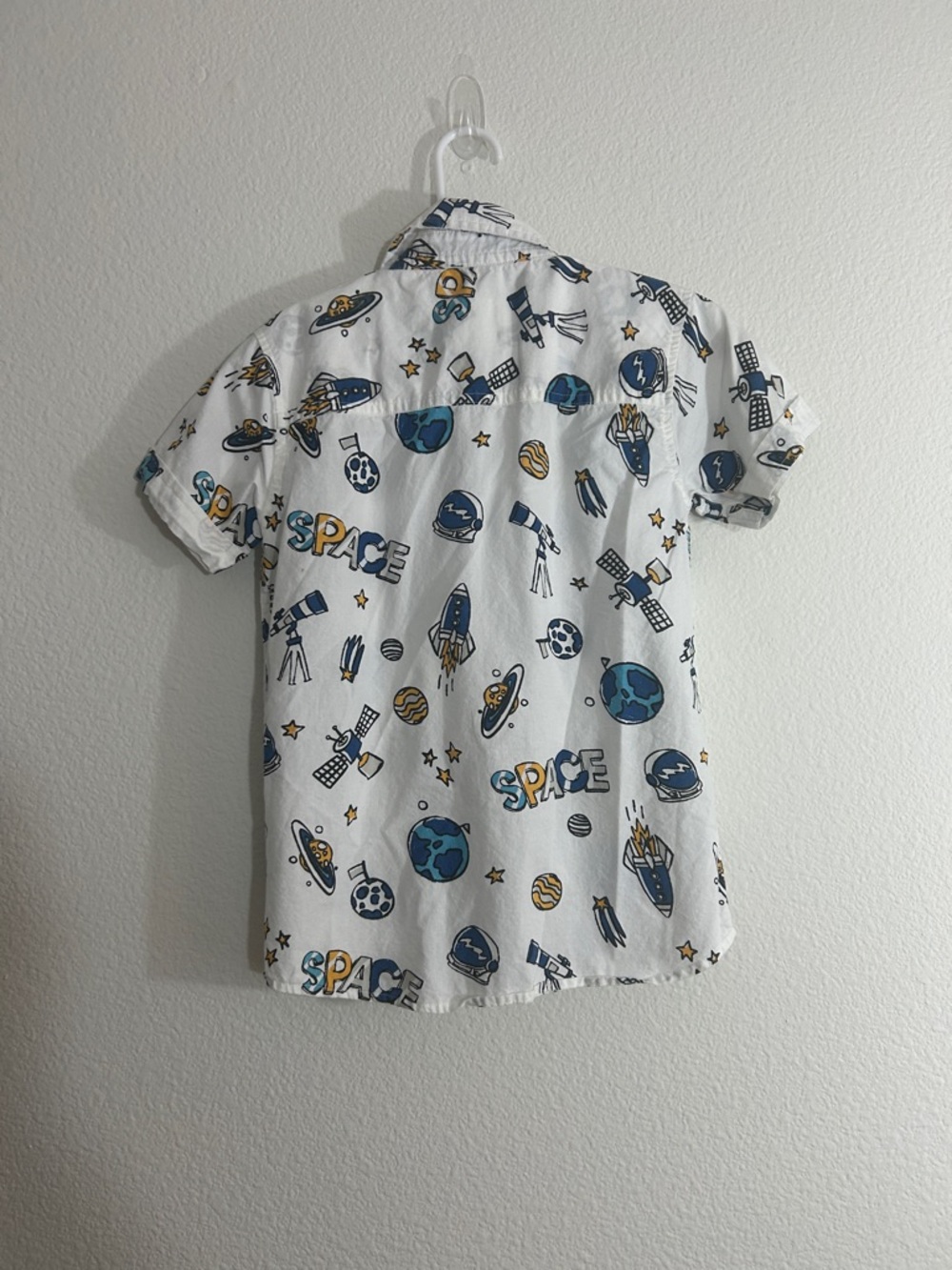 Space Graphic Short-Sleeve Button-Down Shirt - White with Blue & Yellow Print - Picture 6 of 6